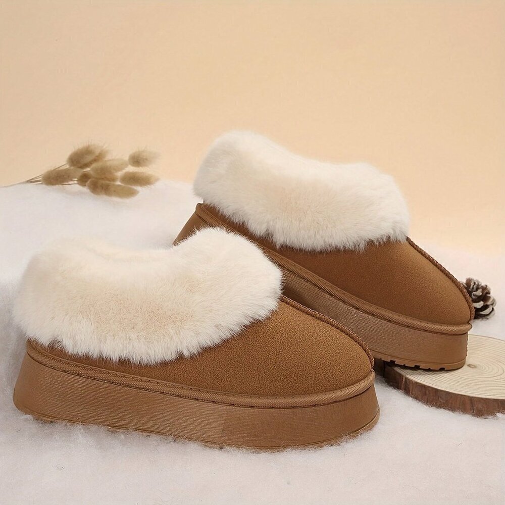 Dark Brown Casual Women's Thick Flat Suede Shearling Slippers
